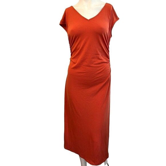 Large Sleeveless V Neck Backless Burnt Orange Dress Ruched Midi Stretch NWT - Picture 1 of 5